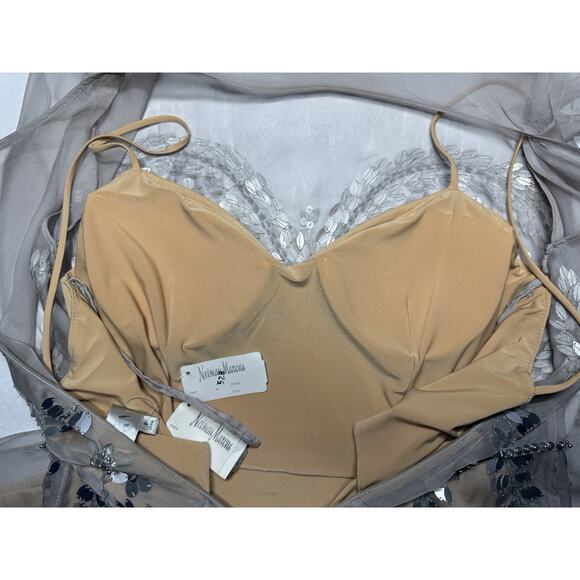 Mignon for Neiman Marcus Embellished Cocktail Dress Silver Sequin Sheer Overlay - Picture 8 of 14